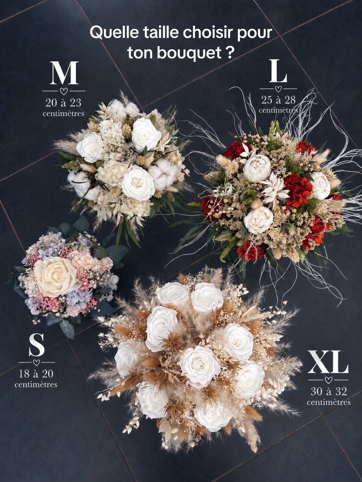 Comparatif des tailles de bouquets de mariée S, M, L et XL