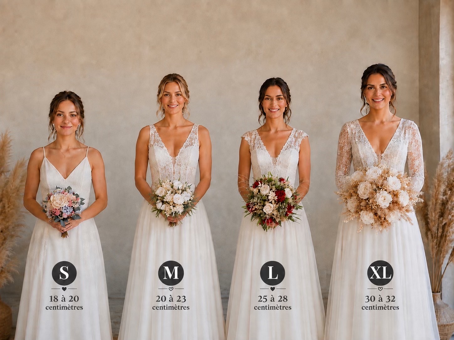 Comparatif porté des tailles de bouquets de mariée S, M, L et XL