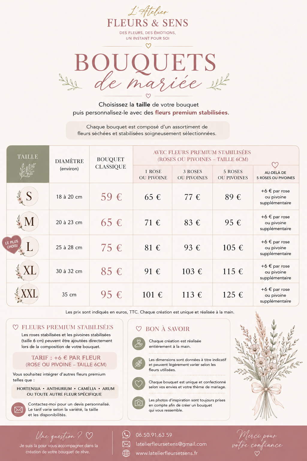 Plaquette tarifaire des bouquets de mariée et fleurs premium stabilisées